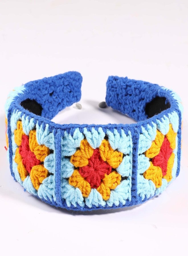 YOOJEE Crochet Headband for Women, Handmade Sunflower & Checkered Hair Accessories, Stretchable Boho Hair Band (Red-Royal Blue, Checkered) - Image 1